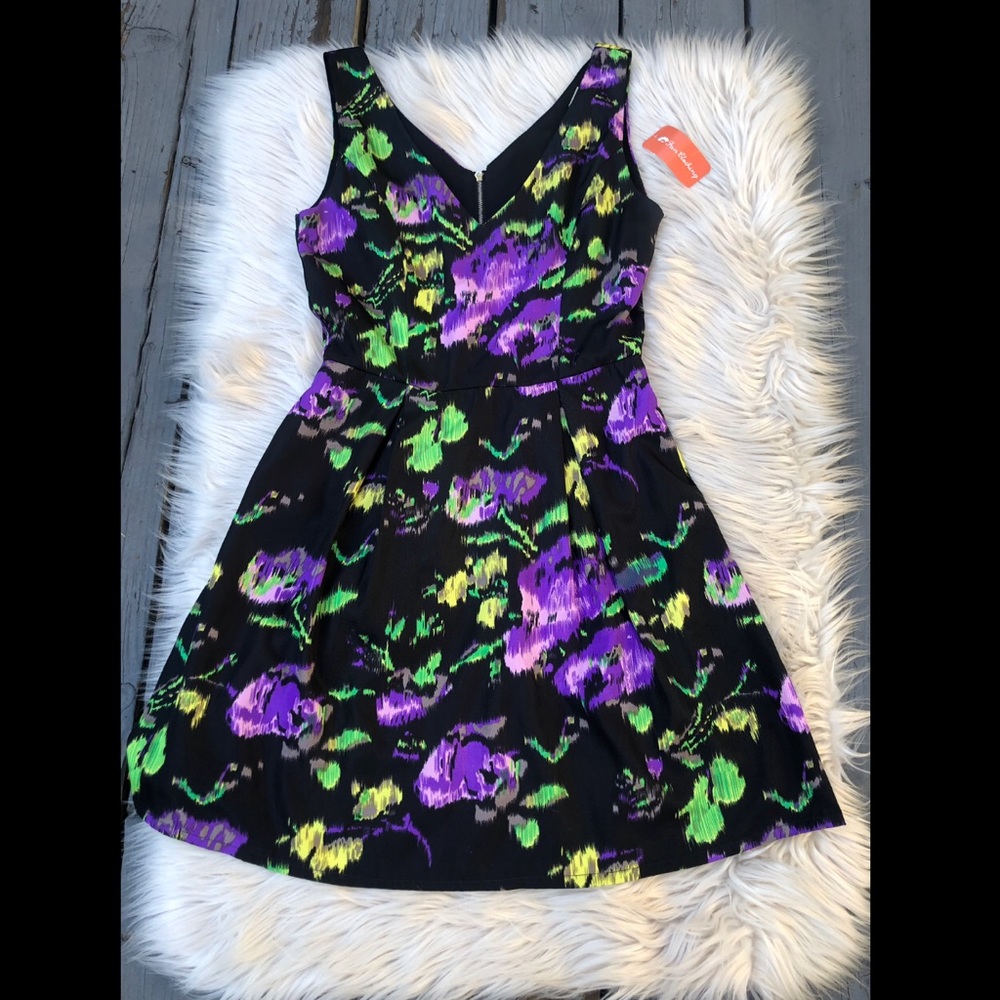 Ducks In A Row Boutique Purple Black Floral A-line Dress, size XS